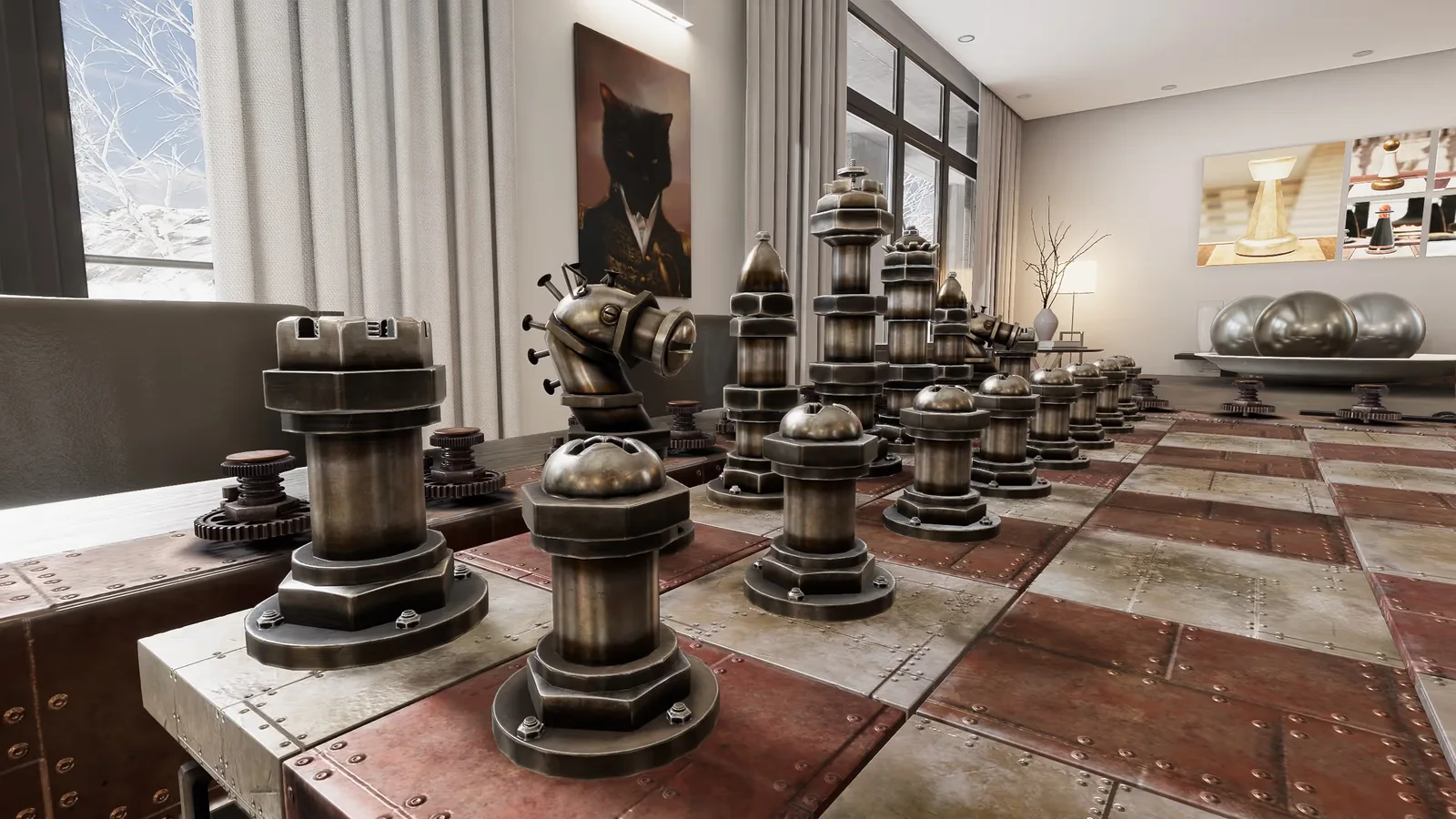 Detailed chess pieces in a sunlit virtual room