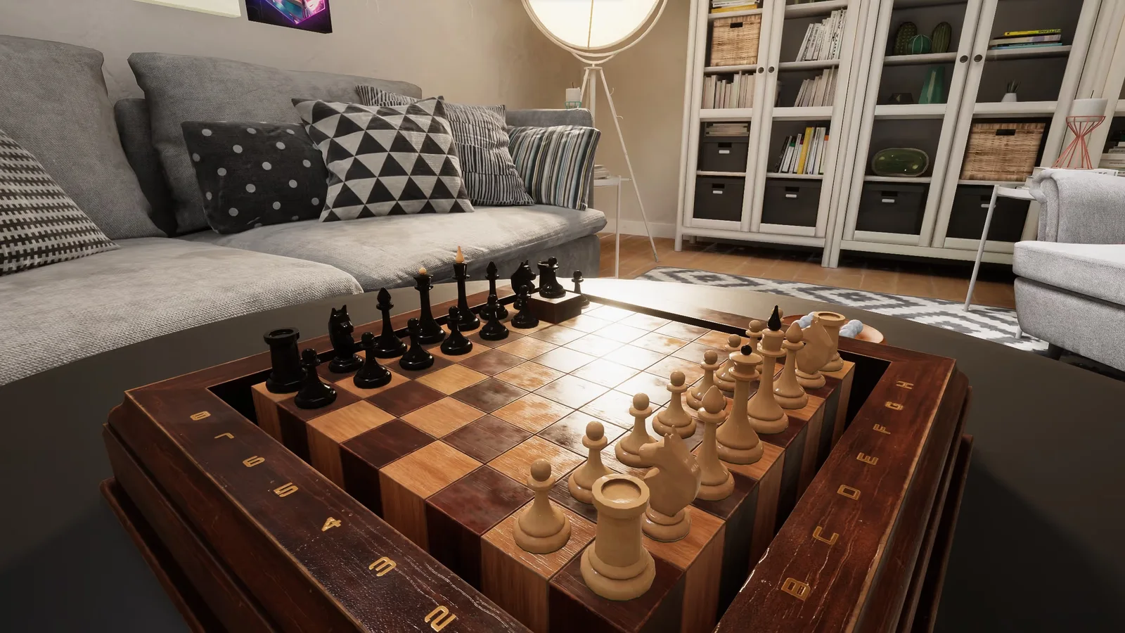 A virtual chess table in a furnished living room
