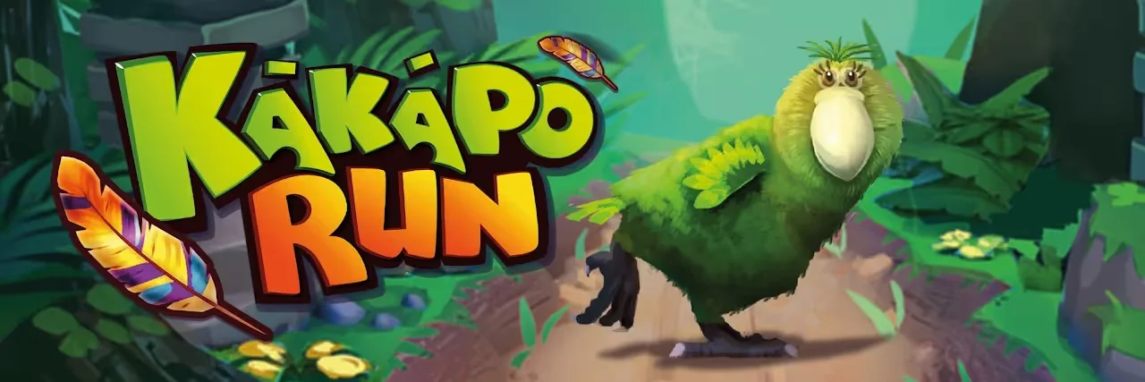 Kākāpō Run artwork featuring a green parrot in a forest