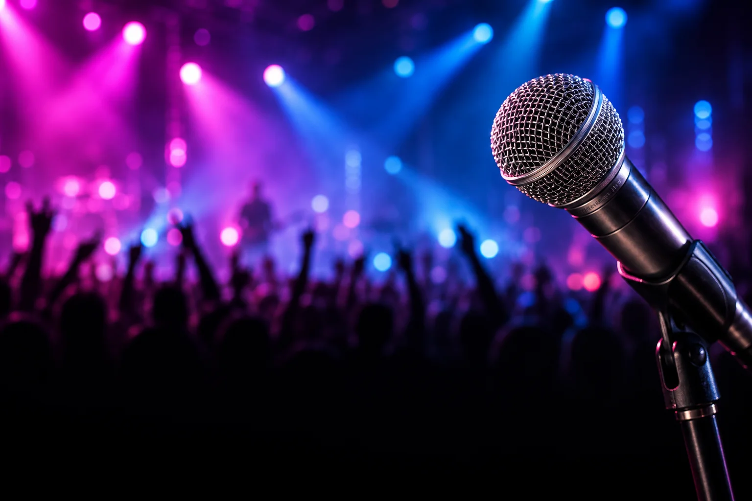 A microphone against colourful stage lights